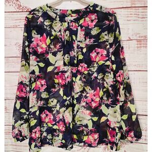 Liz Claiborne Petite PXL Floral Chiffon Blouse Navy Pink Green Long Sleeve Top
